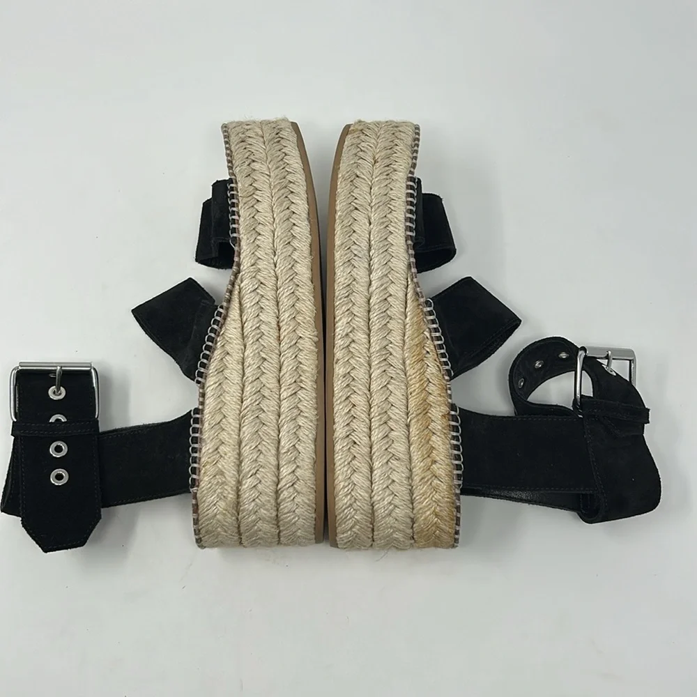 Rag & Bone Black Suede Leather Square Toe Espadrille Platform Buckle Sandals